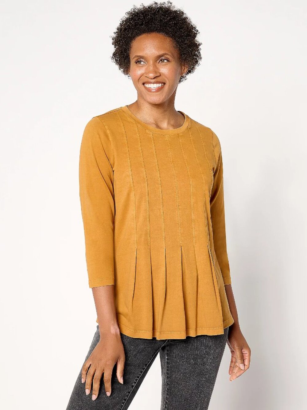 LOGO Life by Lori Goldstein Elbow-Sleeve Crewneck with Pleats Top, Sz S a659308